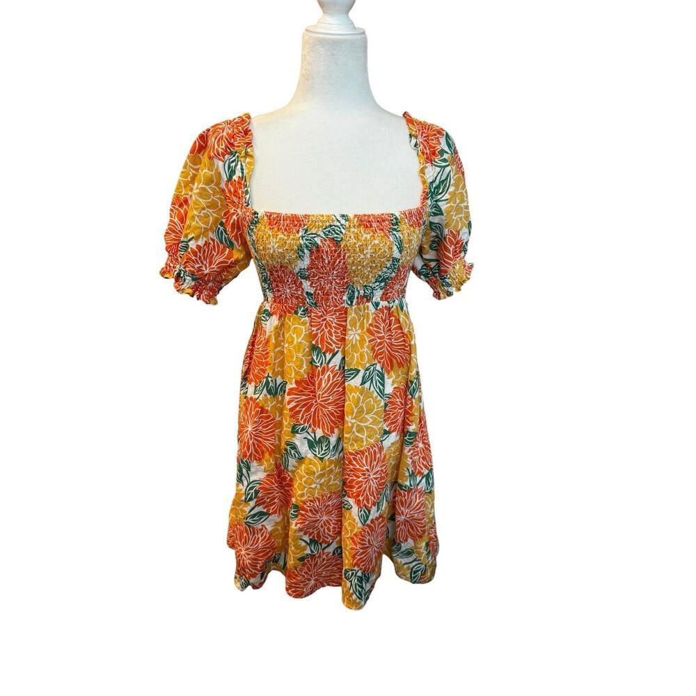 House Of Harlow 1960 Linen Dress Orange Flower Print Sz. XS Smock Mini Tropical